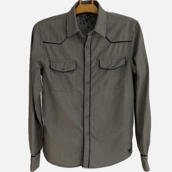 Guess Men’s Button Down Western Shirt Pearl Snap Size Medium Gray Black Trim - Picture 1 of 9